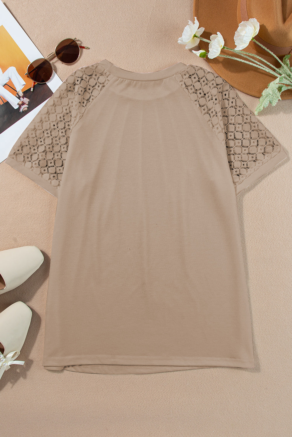 Pale Khaki Seamed Detail Contrast Lace Raglan Sleeve Tee Pre Order Tops JT's Designer Fashion