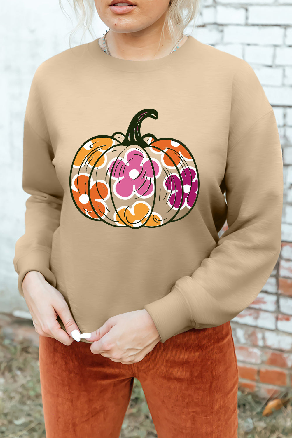 Khaki Halloween Floral Pumpkin Graphic Drop Shoulder Sweatshirt Graphic Sweatshirts JT's Designer Fashion