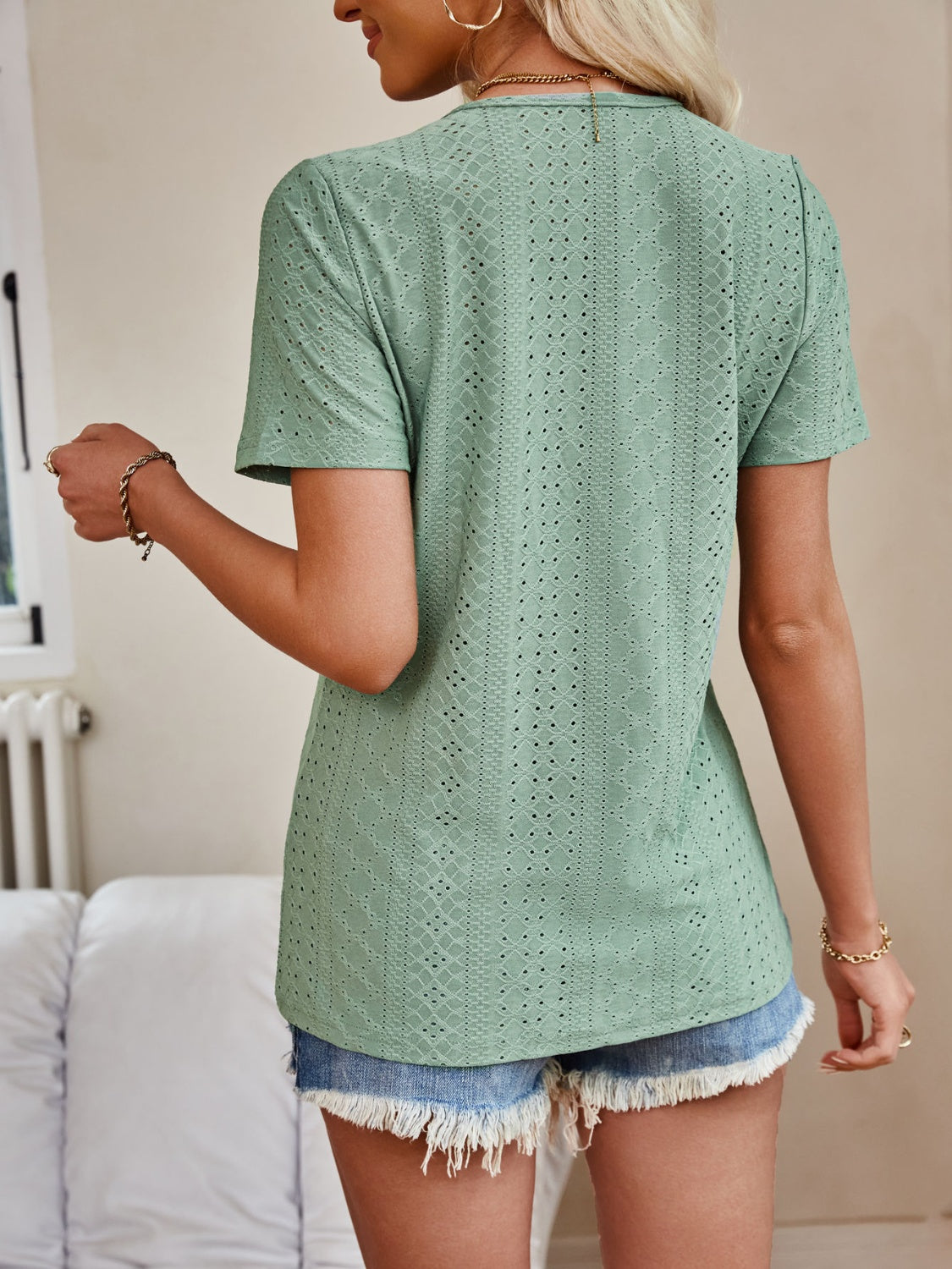 Eyelet V-Neck Short Sleeve Top Tops JT's Designer Fashion