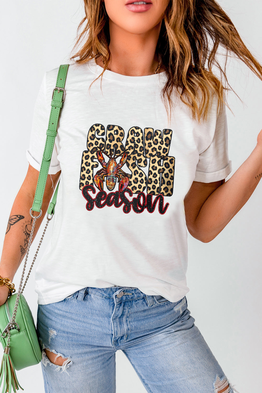 White Crawfish Season Leopard Letter Graphic Tee Graphic Tees JT's Designer Fashion