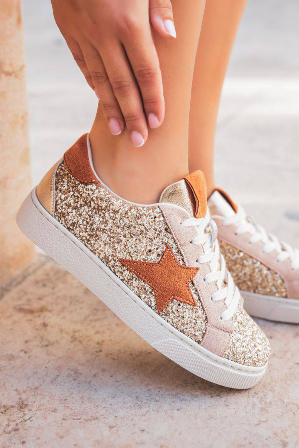 Gold Star Patchwork Sequined Lace-up Sneakers Women's Shoes JT's Designer Fashion