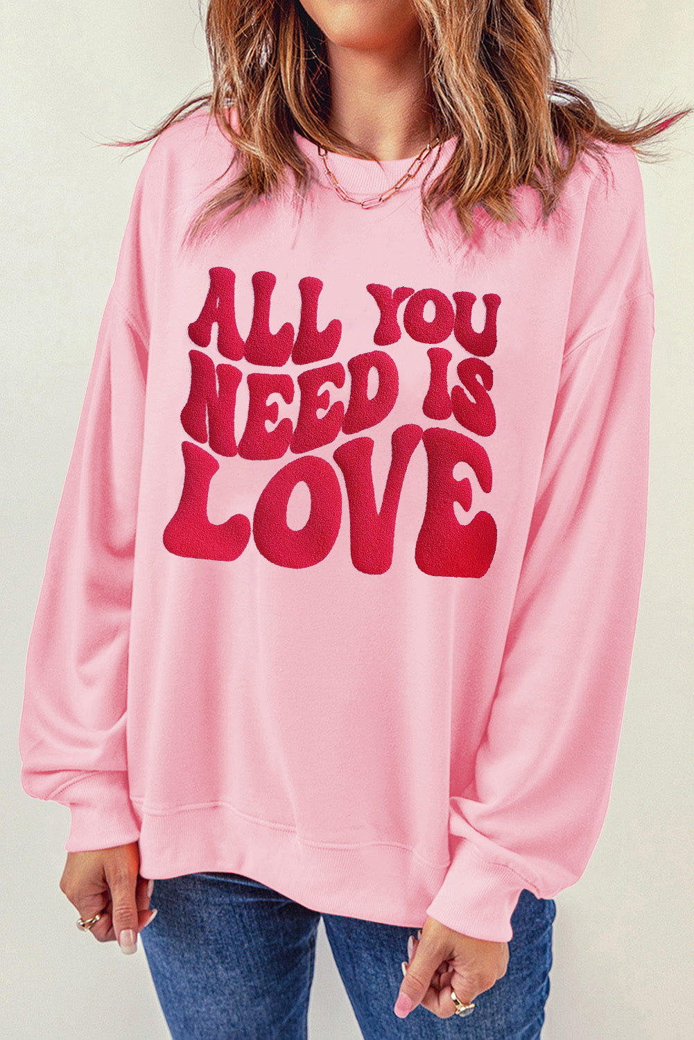 Pink ALL YOU NEED IS LOVE Valentines Slogan Printed Sweatshirt Graphic Sweatshirts JT's Designer Fashion