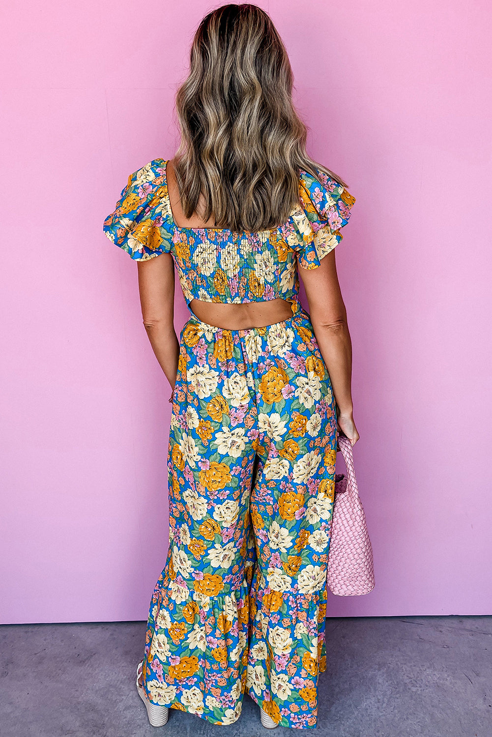 Yellow Floral Allover Print Shirred Cut Out High Waist Jumpsuit Jumpsuits & Rompers JT's Designer Fashion