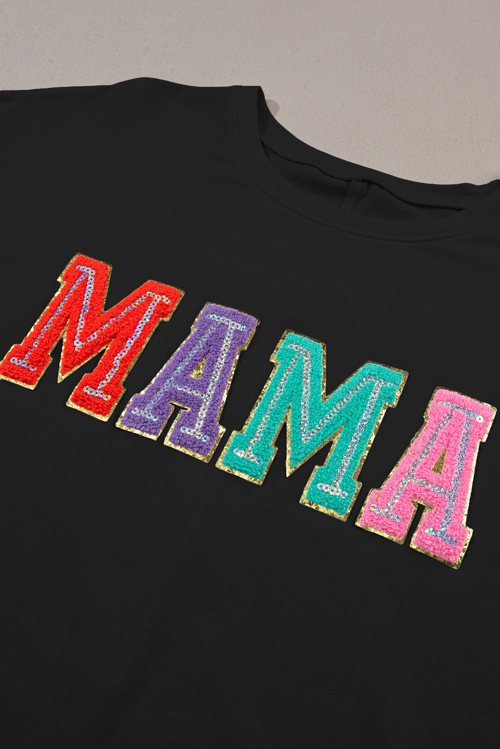 Black MAMA Chenille Patched Crew Neck T Shirt Tops & Tees JT's Designer Fashion