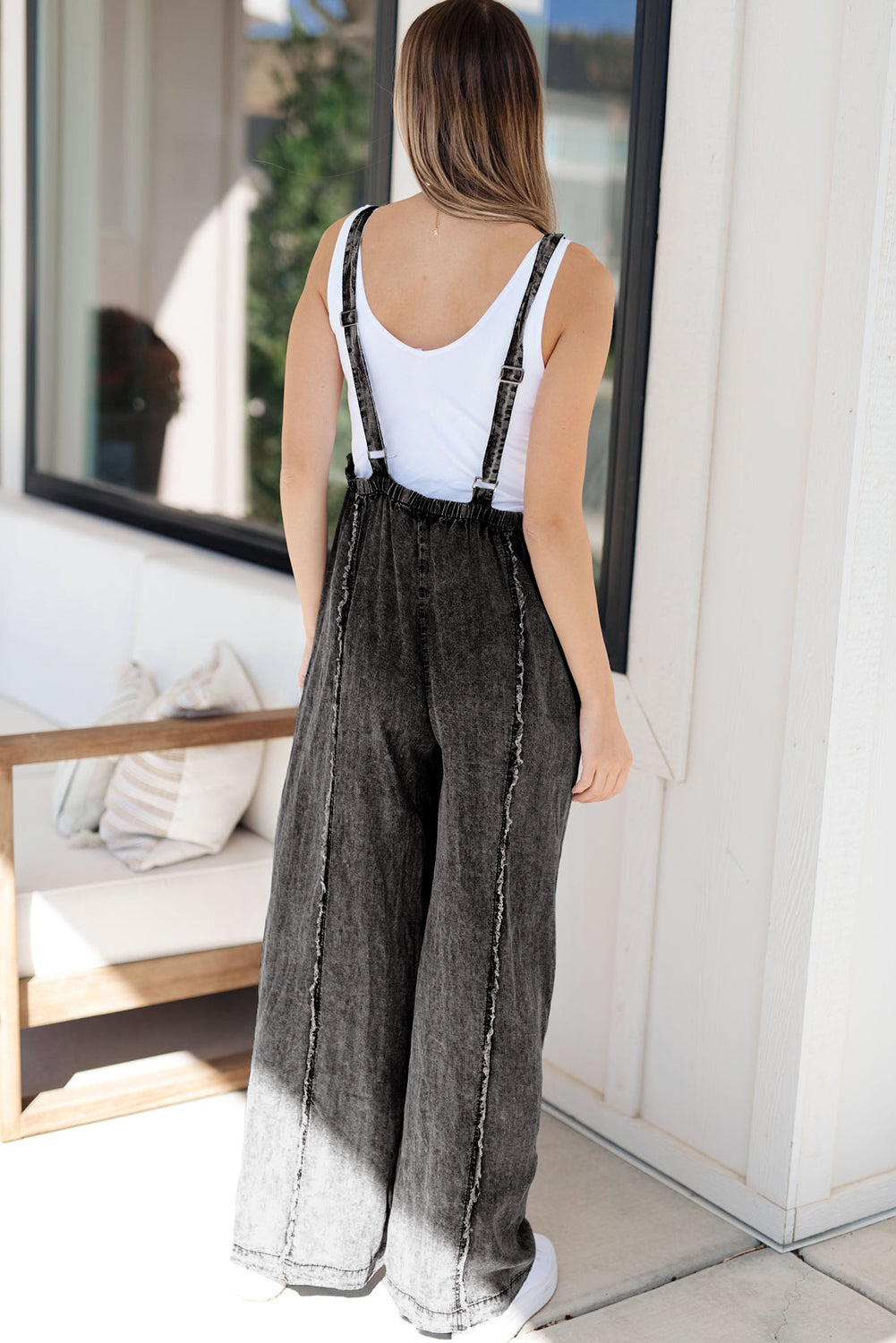 Dark Grey Light Wash Frayed Exposed Seam Wide Leg Denim Overall Jumpsuits & Rompers JT's Designer Fashion