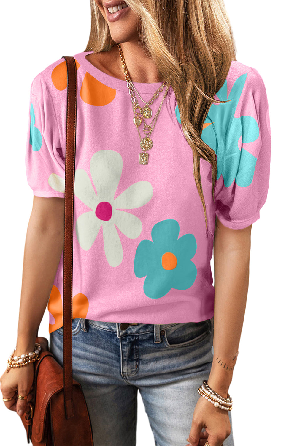 Pink Flower/Bowknot Print Bubble Sleeve Tee Tops & Tees JT's Designer Fashion