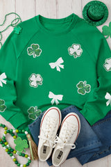 Green Sequin Bow Clover Graphic Pullover Sweatshirt Graphic Sweatshirts JT's Designer Fashion