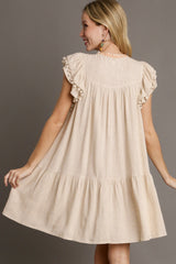 Jet Stream Linen Embroidery Split Neck Pom Pom Ruffle Sleeves Flowy Short Dress Mini Dresses JT's Designer Fashion