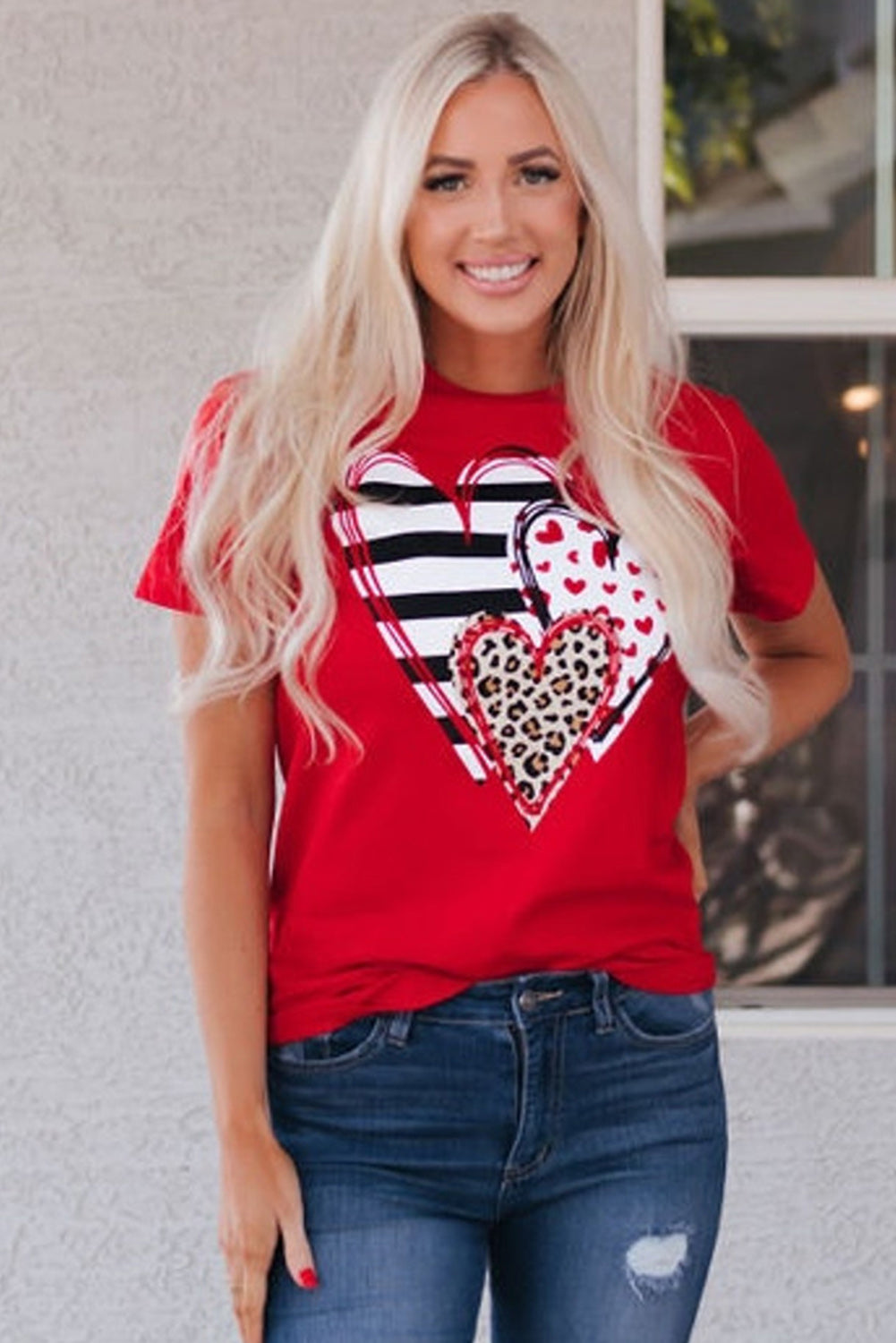 Red Leopard Striped Heart Shaped Print Crew Neck T Shirt Graphic Tees JT's Designer Fashion