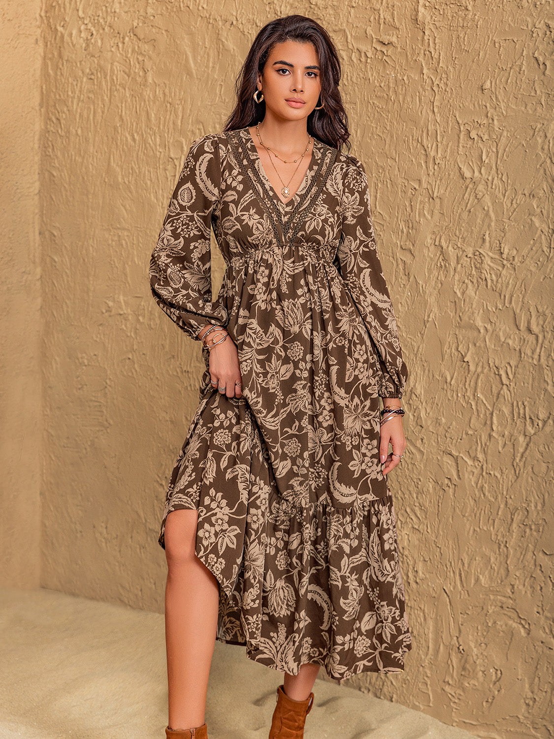 Ruched Printed V-Neck Long Sleeve Midi Dress Maxi Dresses JT's Designer Fashion