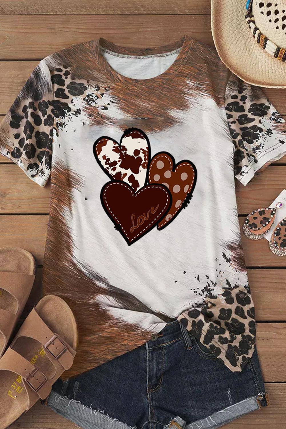 Chestnut Western Heart Shaped Leopard Print Crew Neck T Shirt Graphic Tees JT's Designer Fashion