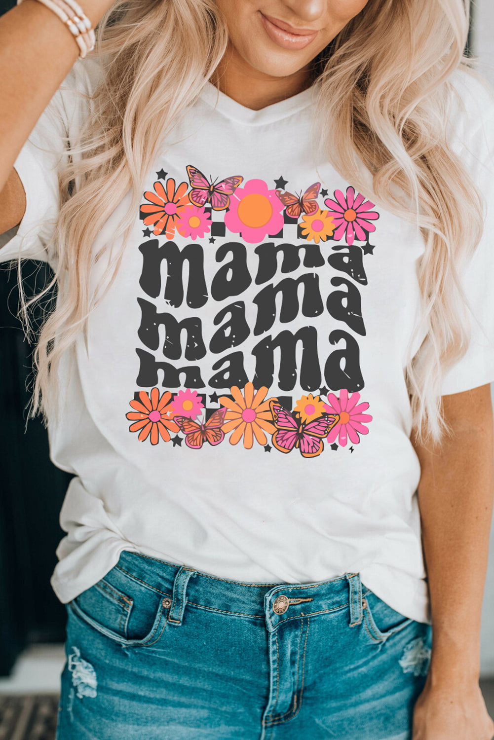 White Retro mama Flower Graphic T Shirt Graphic Tees JT's Designer Fashion