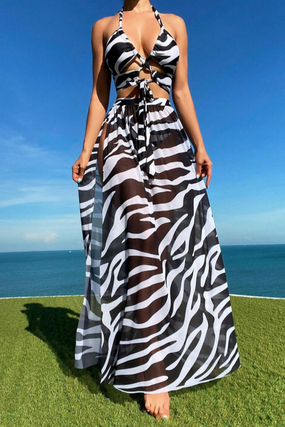 Printed Halter Neck Three-Piece Swim Set Zebra Bikinis JT's Designer Fashion