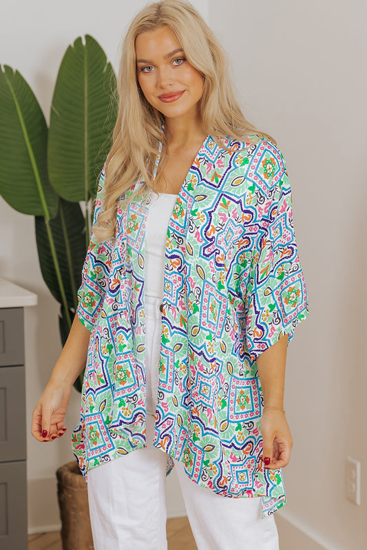 White Boho Floral Printed Rhinestone 3/4 Sleeve Open Front Kimono Kimonos JT's Designer Fashion