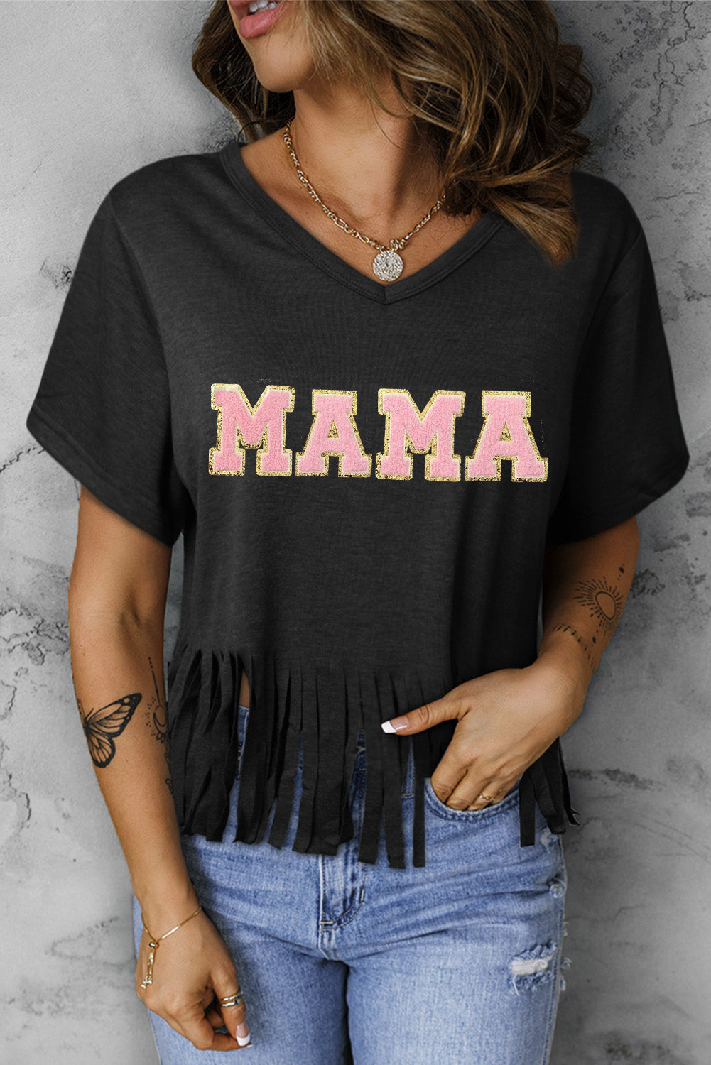 Black MAMA Chenille Graphic Fringed Hem Tee Graphic Tees JT's Designer Fashion