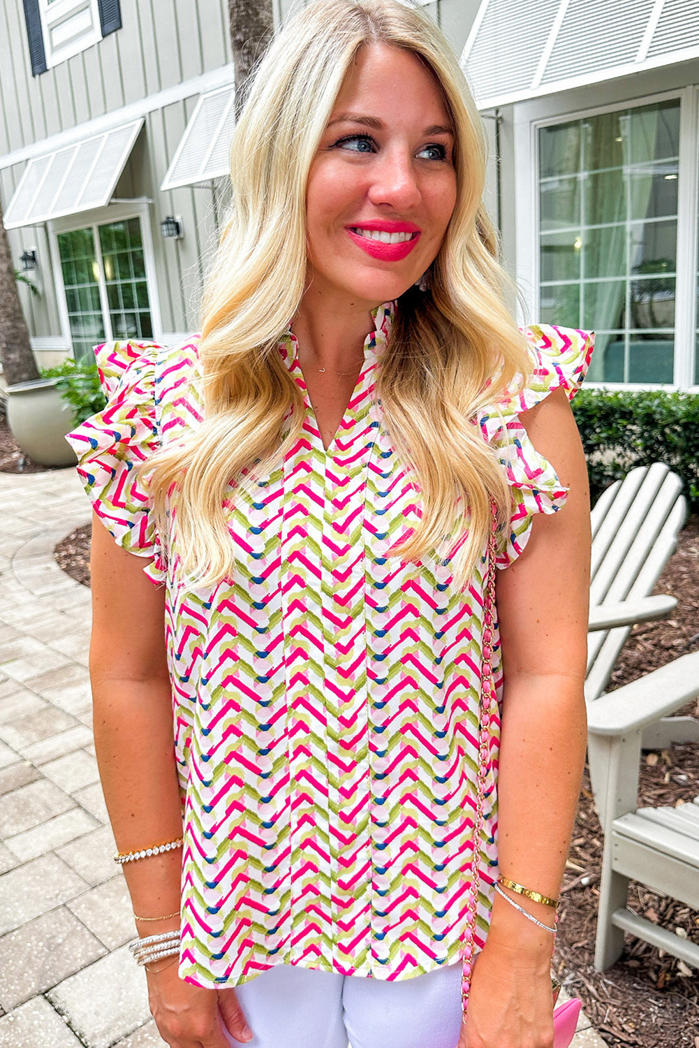 Multicolour Chevron Print Ruffled Sleeve Blouse Tops & Tees JT's Designer Fashion