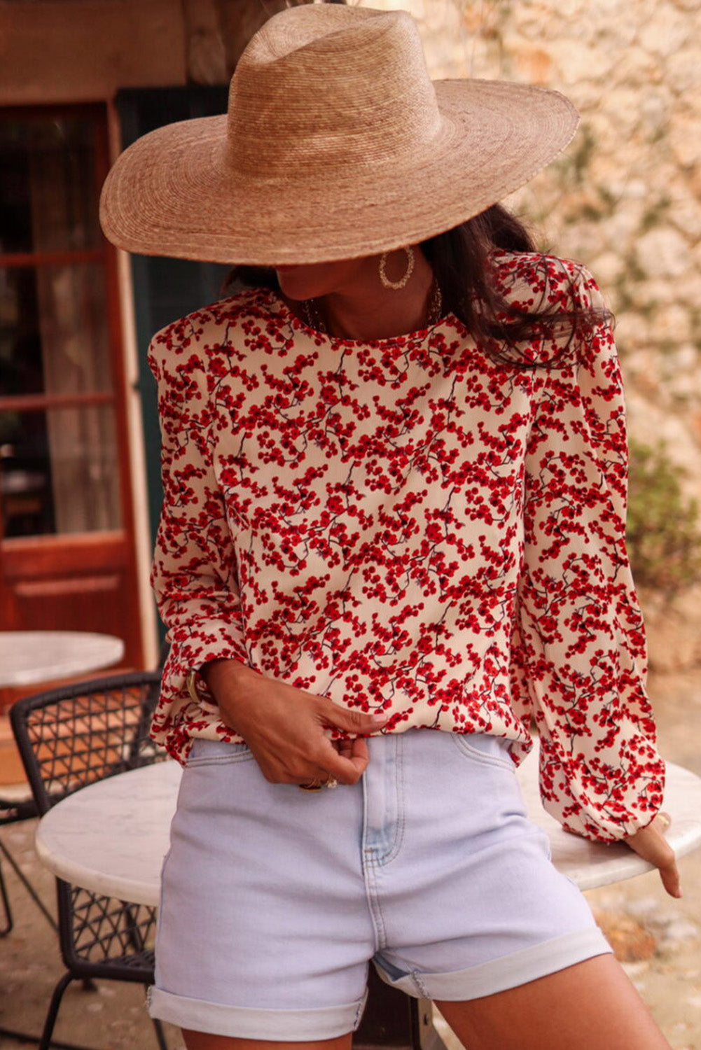 Red Floral Print Long Sleeve Open Back Blouse Blouses & Shirts JT's Designer Fashion