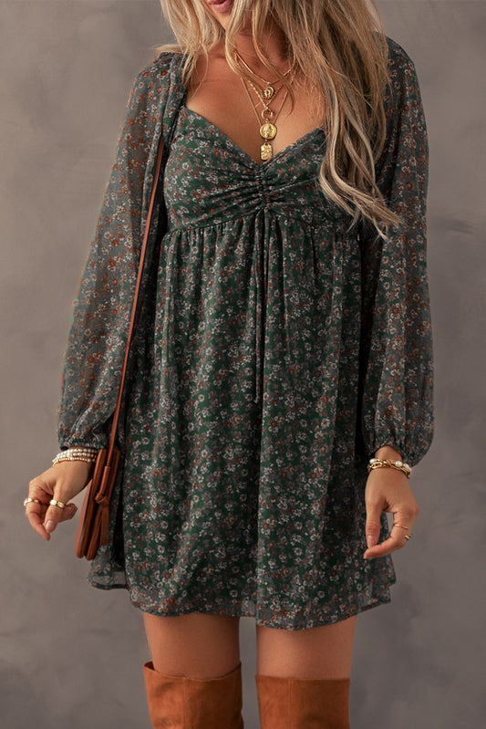 Green Floral Print Sweetheart Neck Shirred Back Mini Dress Floral Dresses JT's Designer Fashion