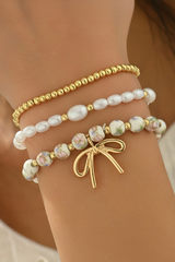 Gold Bow Knot Charm Beaded Triple Layer Bracelet Set Jewelry JT's Designer Fashion