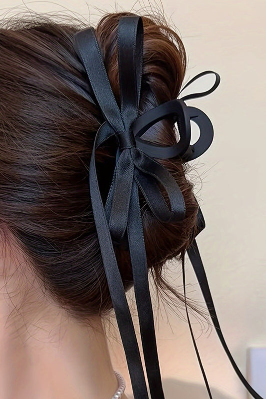 Black Ribbon Long Tail BowKnot Clip Headwear JT's Designer Fashion