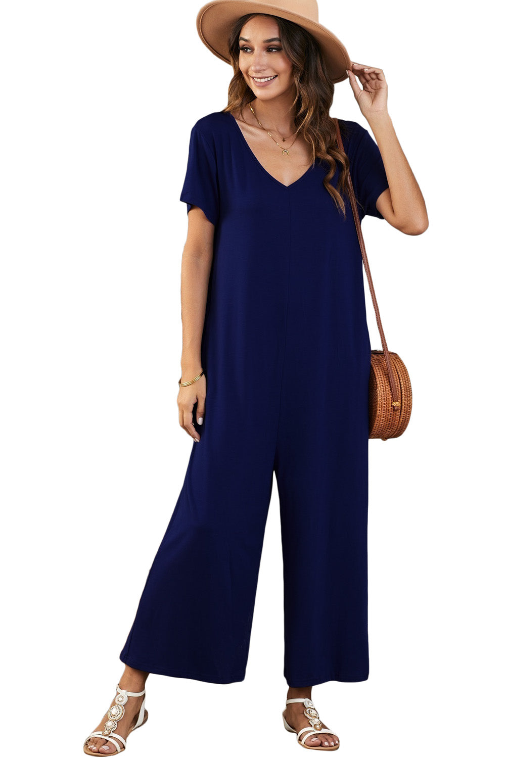 Blue Solid Color Short Sleeve Wide Leg Jumpsuit with Pocket Jumpsuits & Rompers JT's Designer Fashion