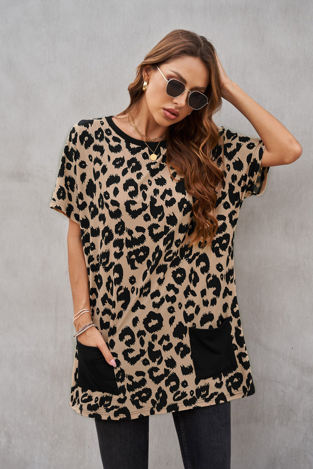 Leopard Print Pocketed T-shirt Mini Dress T Shirt Dresses JT's Designer Fashion