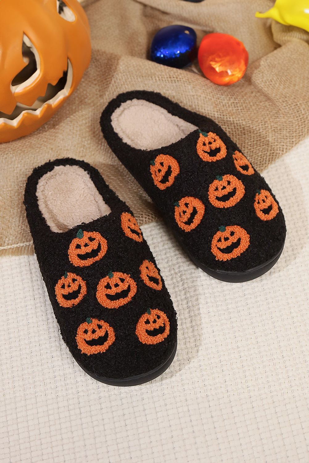 Black Halloween Pumpkin Plush Home Slippers Slippers JT's Designer Fashion