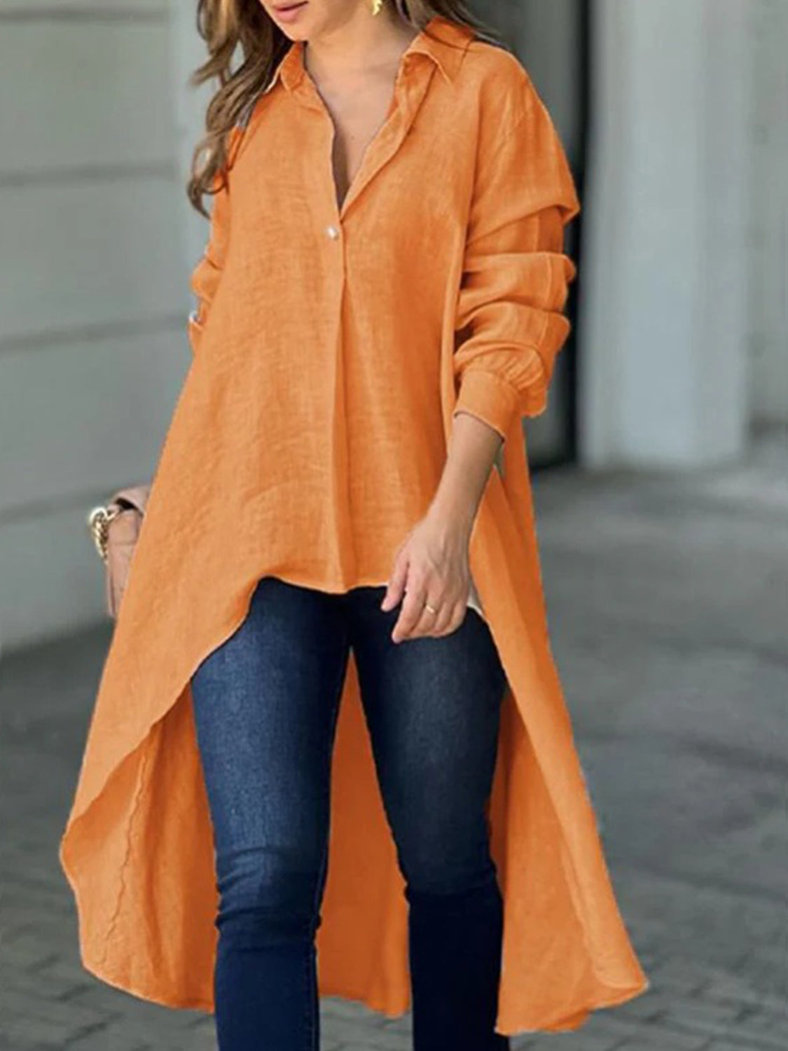 Full Size High-Low Collared Neck Long Sleeve Shirt Tangerine Long Sleeve Tops JT's Designer Fashion