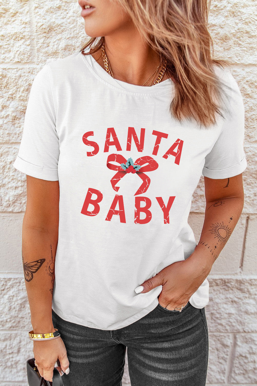 White SANTA BABY Gift Bow Graphic Tee Graphic Tees JT's Designer Fashion