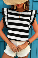 Black Stripe Flutter Sleeve Round Neck T Shirt Pre Order Tops JT's Designer Fashion