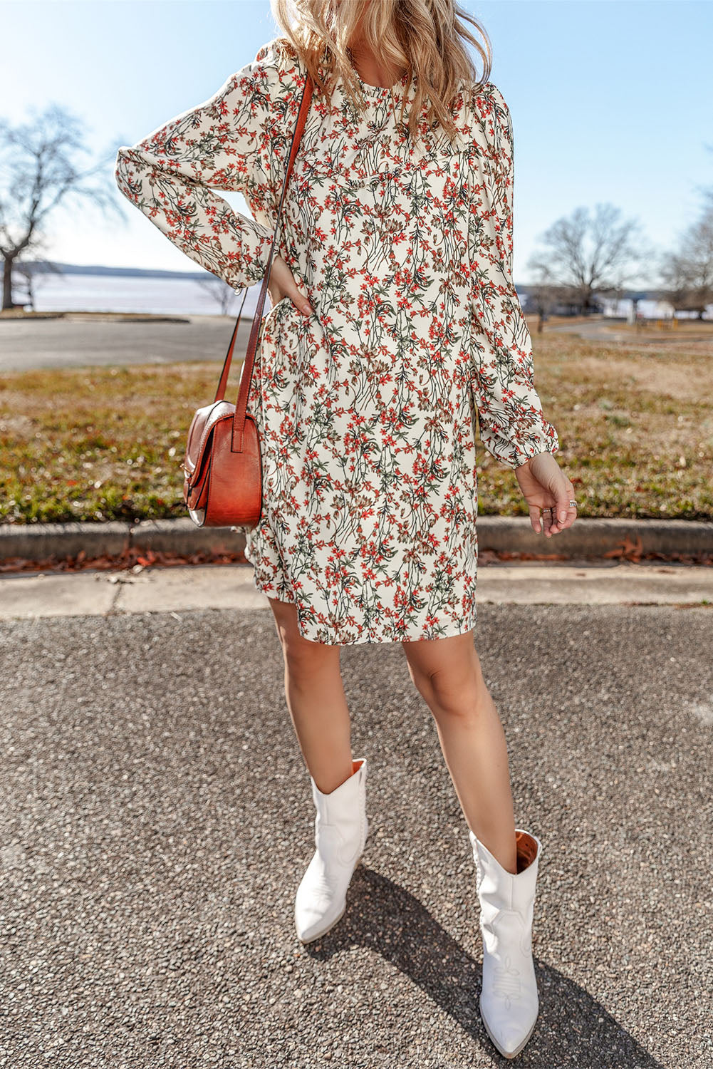 White Floral Printed Long Sleeve Mini Dress Floral Dresses JT's Designer Fashion