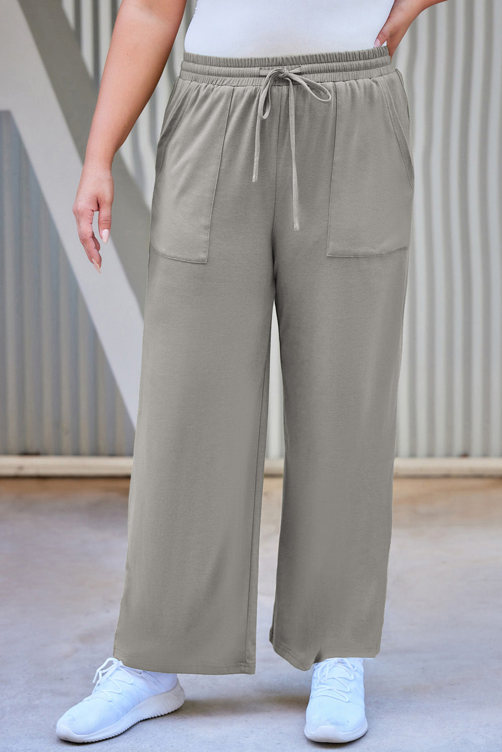 Gray Plus Size Pocketed Wide Leg Pants Gray 65%Polyester+30%Cotton+5%Elastane Plus Size Bottoms JT's Designer Fashion