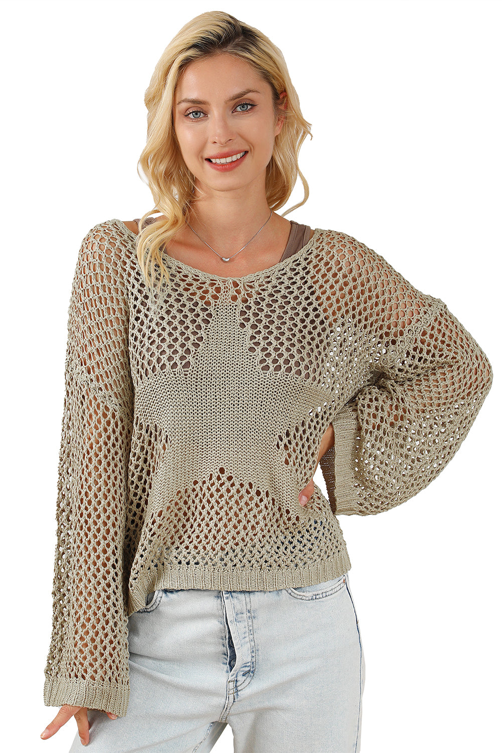 Light French Beige Star Pointelle Knit Baggy Sweater Sweaters & Cardigans JT's Designer Fashion