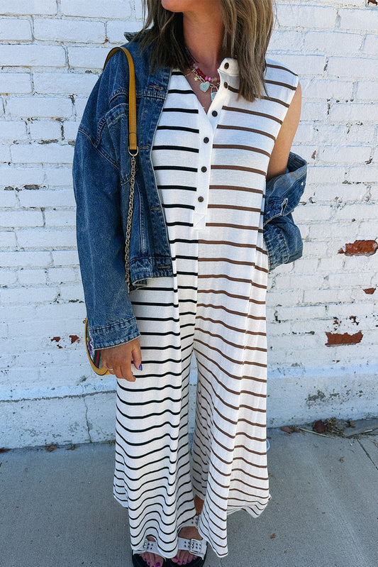 Black Stripe Contrast Color Print Half Button Wide Leg Jumpsuit Bottoms JT's Designer Fashion