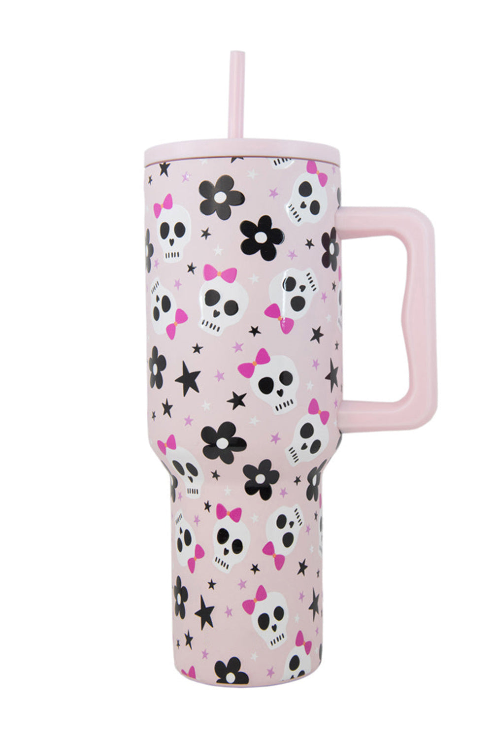 Light Pink Halloween Skull Flower Print Handle Large Vacuum Cup 40oz Tumblers JT's Designer Fashion