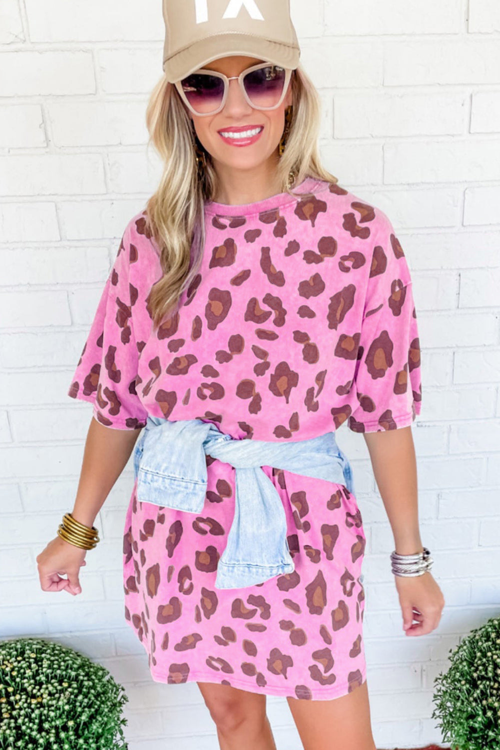 Pink Leopard Mineral Wash Side Pocket Shift Mini Dress T Shirt Dresses JT's Designer Fashion