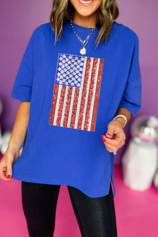 Dark Blue Sequin American Flag Graphic Split Baggy T Shirt Graphic Tees JT's Designer Fashion