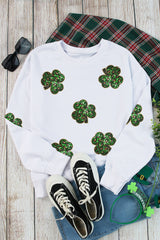 White Sequin Clover Patched Pattern St Patrick Pullover Sweatshirt Graphic Sweatshirts JT's Designer Fashion