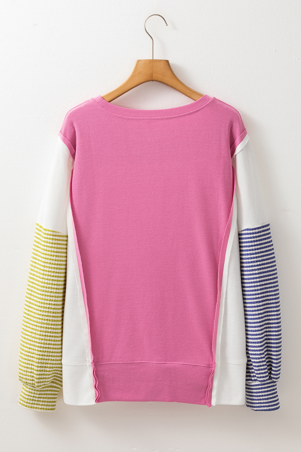 Sachet Pink Exposed Seam Striped Color Block Patchwork Long Sleeve Top Long Sleeve Tops JT's Designer Fashion