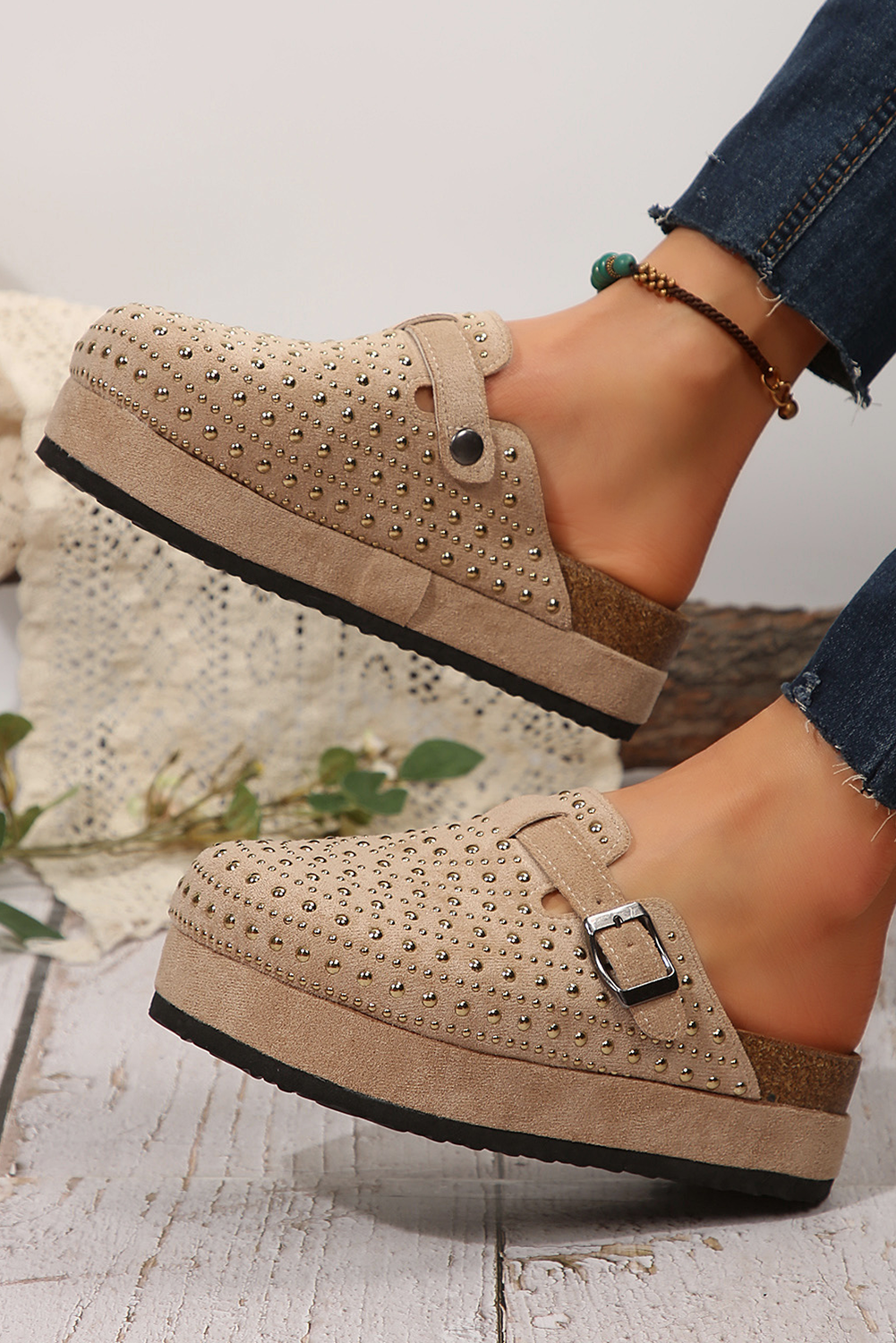 Parchment Rivet Buckle Closed Toe Platform Slippers Slippers JT's Designer Fashion