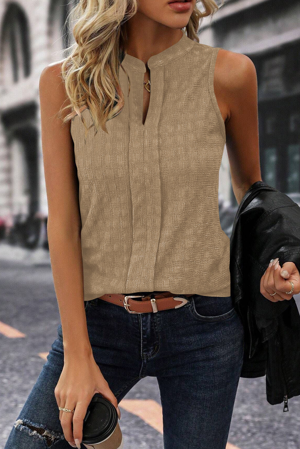 Light French Beige Lattice Textured Split Neck Tank Top Pre Order Tops JT's Designer Fashion