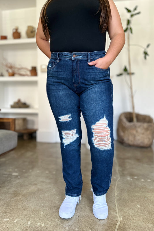 Judy Blue Full Size High Waist Rigid Magic Heavy Destroy Straight Jeans Jeans JT's Designer Fashion