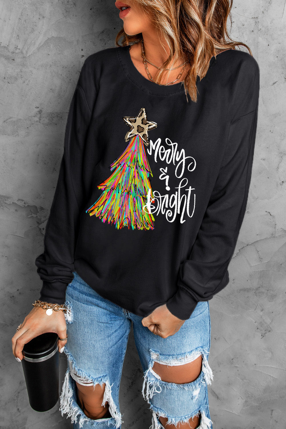 Black Merry & Bright Christmas Tree Graphic Sweatshirt Graphic Sweatshirts JT's Designer Fashion