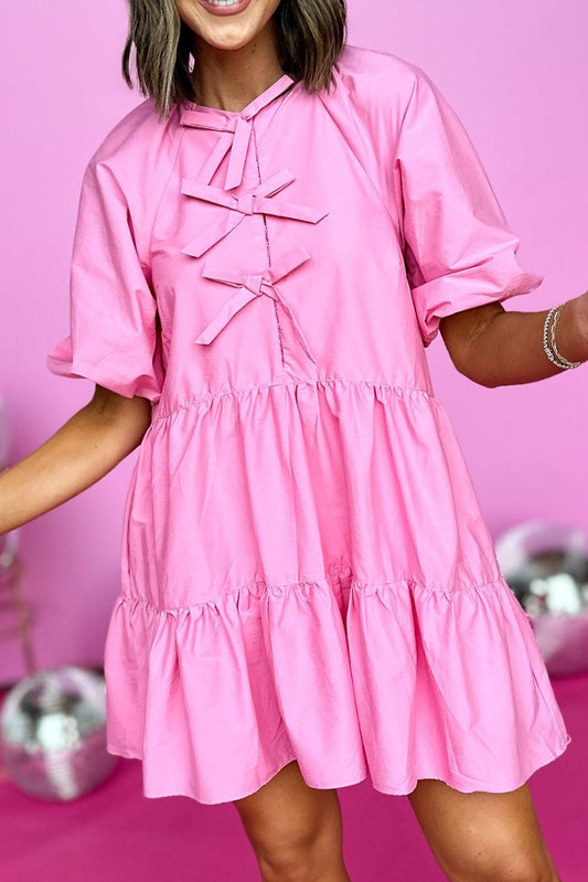 Pink Bow Applique Puff Sleeve Tiered Ruffled Dress Dresses JT's Designer Fashion