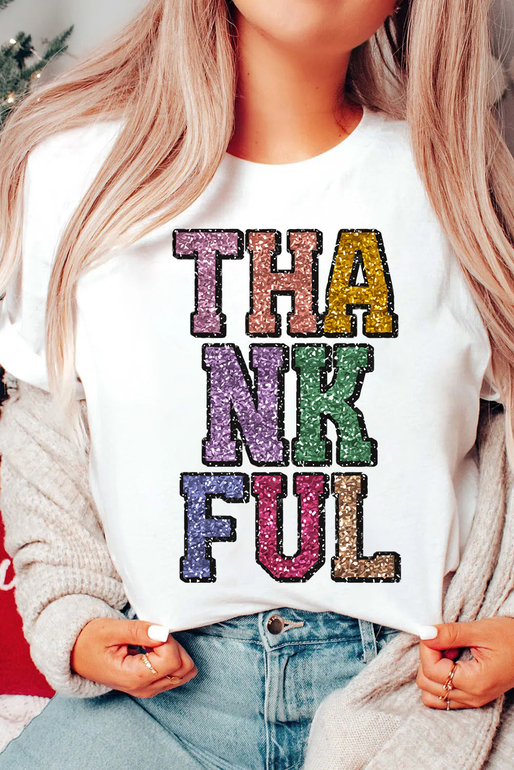 White Heat-transfer Printed THANKFUL Letter Graphic T Shirt Graphic Tees JT's Designer Fashion