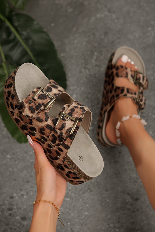 Chestnut Leopard Suede Dual Buckle Strap Platform Slippers Slippers JT's Designer Fashion