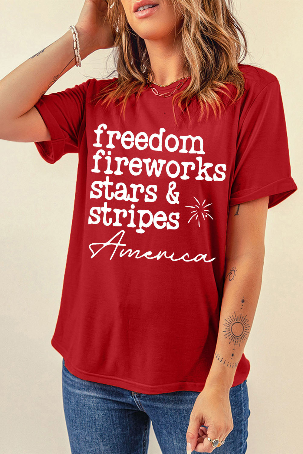 Fiery Red American Freedom Day Slogan Print T Shirt Graphic Tees JT's Designer Fashion