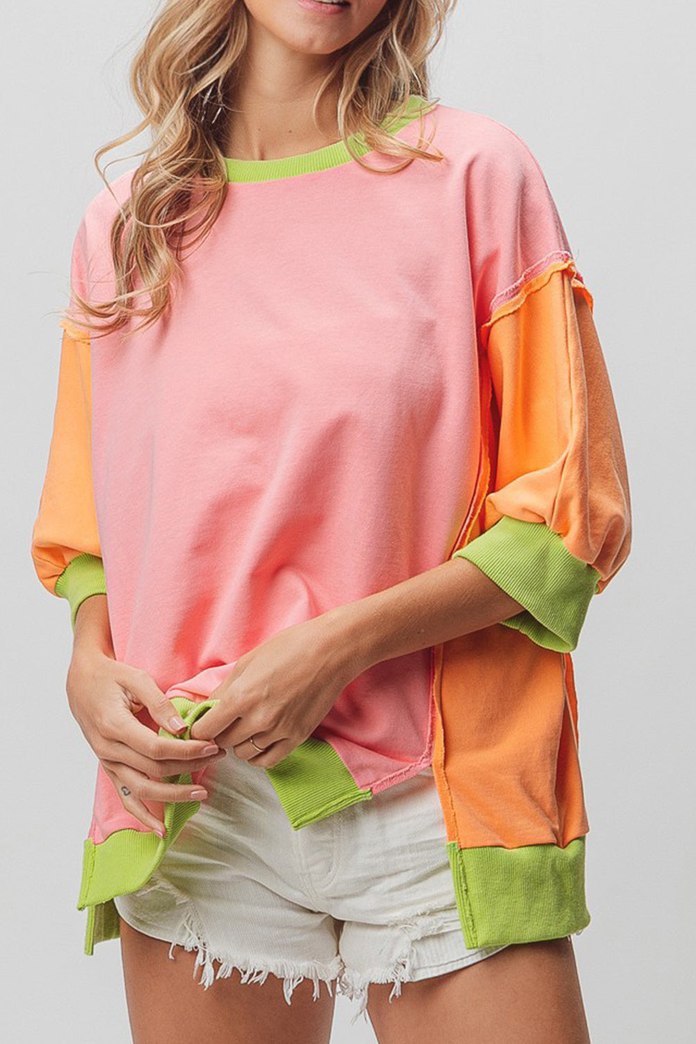 Pink Color Block Exposed Seam Side Slits Quarter Sleeve Top Tops & Tees JT's Designer Fashion