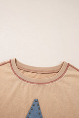 Pale Khaki Mineral Wash Stud Beaded Star Graphic Pocketed T Shirt Dress T Shirt Dresses JT's Designer Fashion