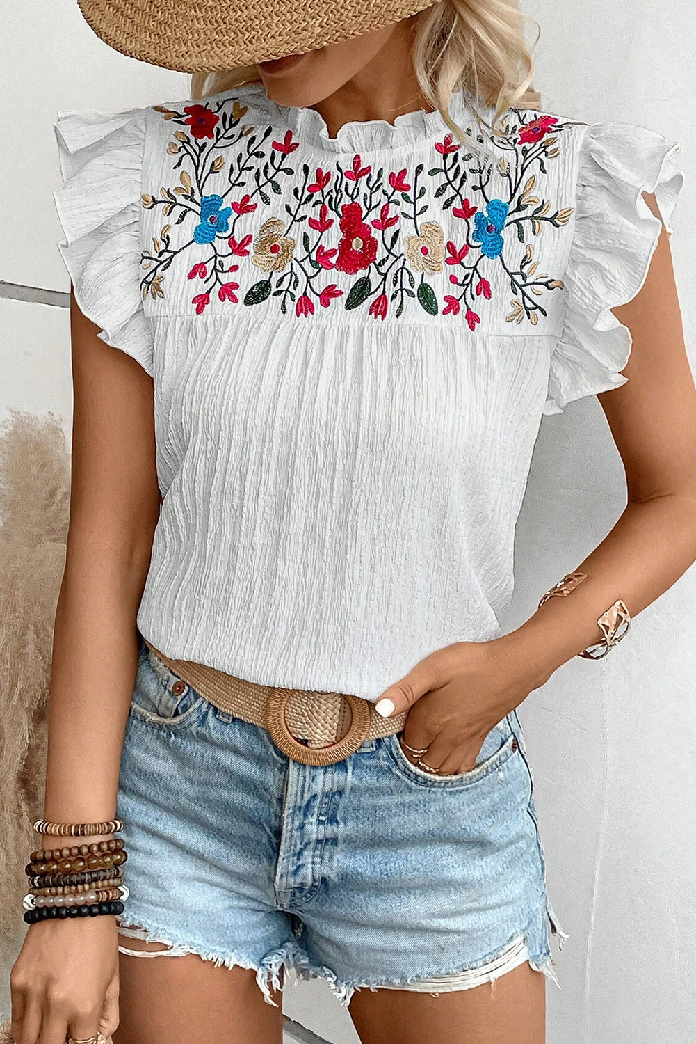 White Floral Embroidery Frilled Trim Mock Neck Crinkled Blouse Pre Order Tops JT's Designer Fashion